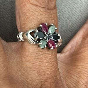 Boho Sterling Silver Hands Holding Flower Ring